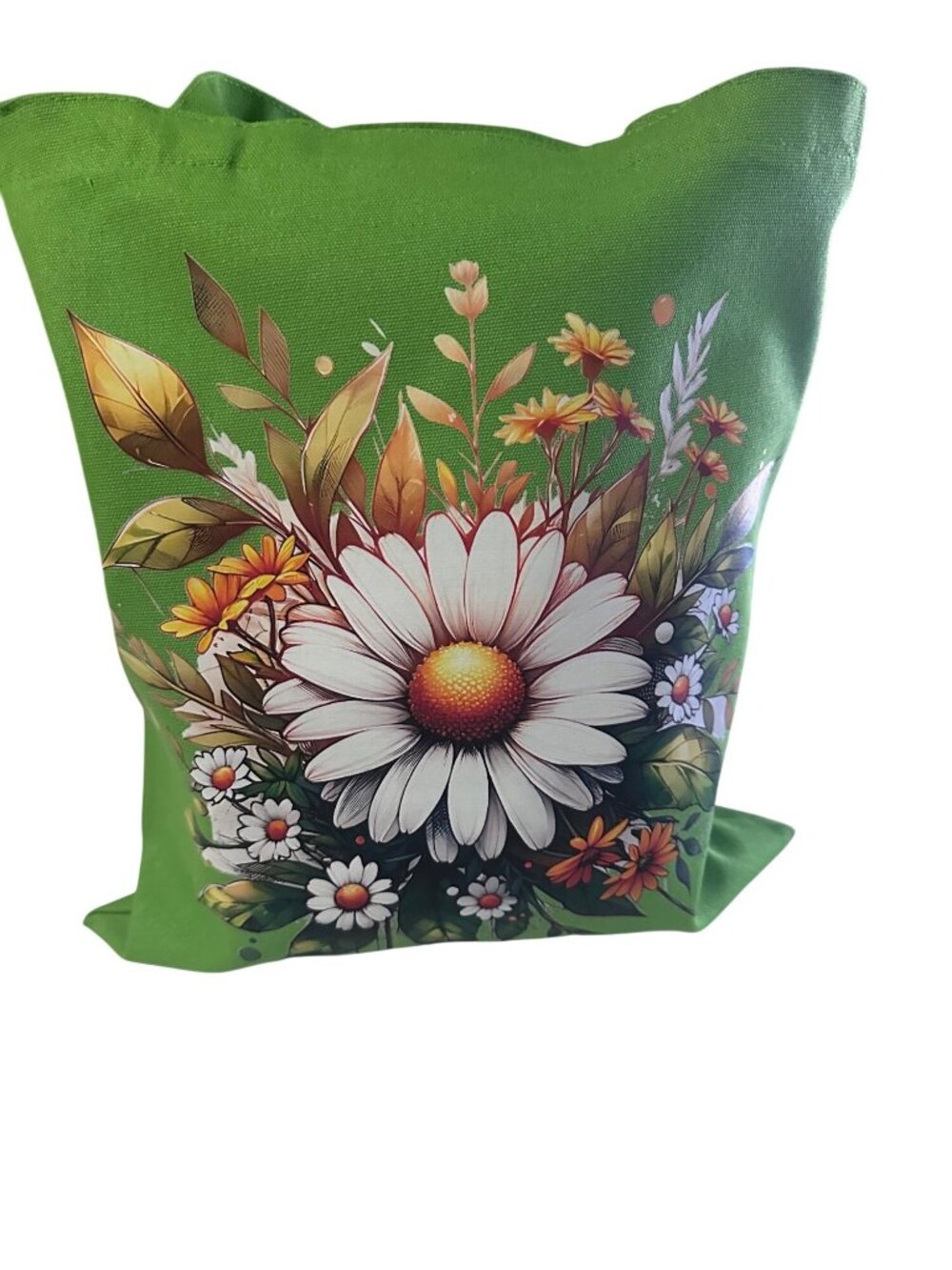 Lzerking Green Daisy Floral Tote Bag 13x15 Cotton Blend Reusable Bag